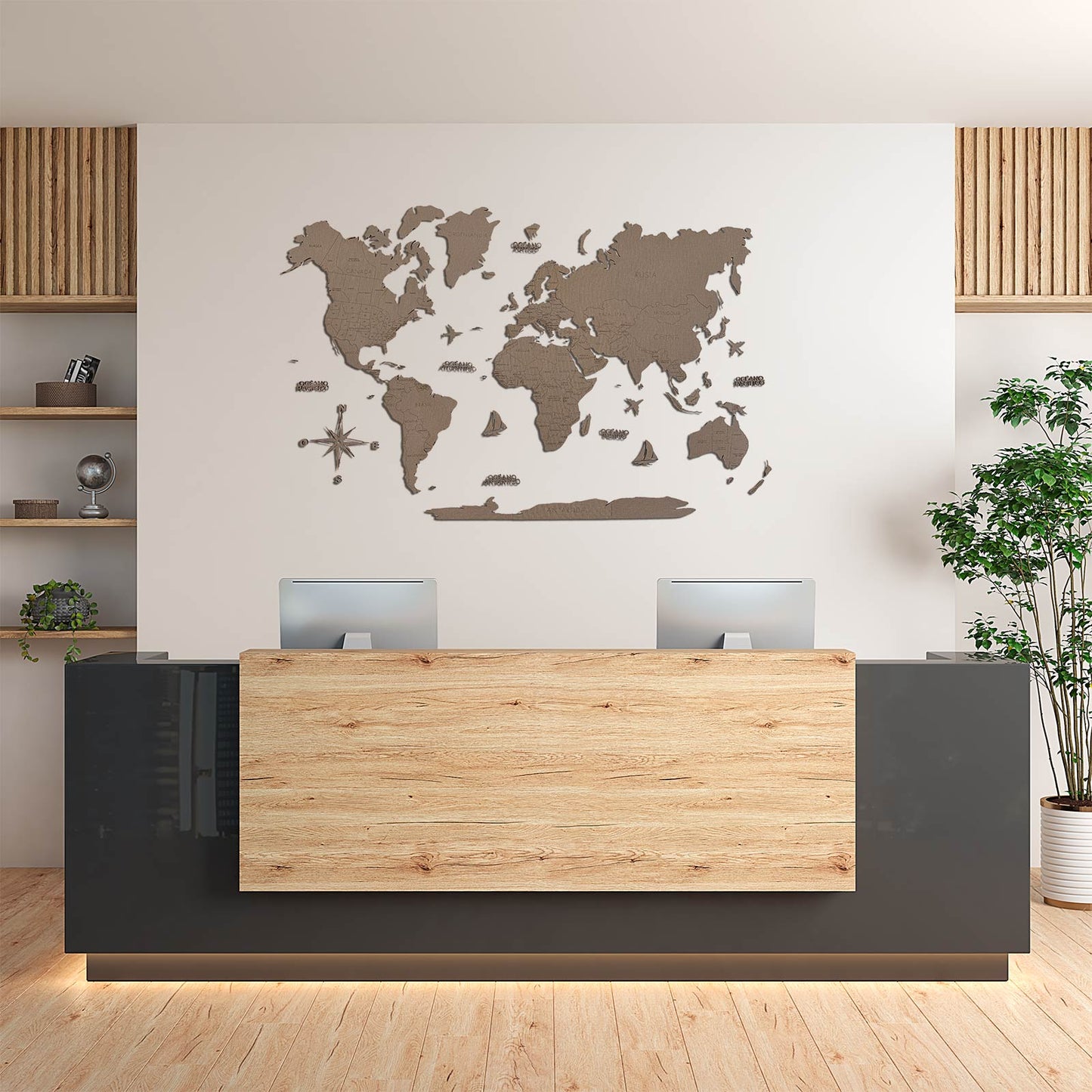 Mapamundi 2D de madera color gris (efecto textil)