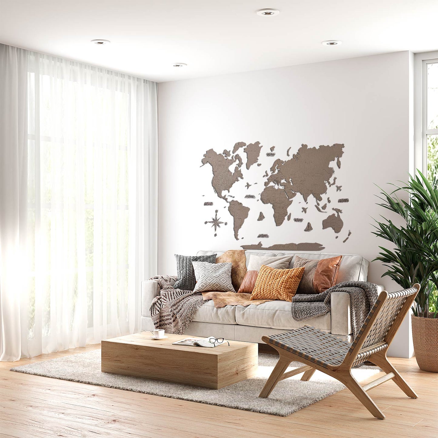 Mapamundi 2D de madera color gris (efecto textil)