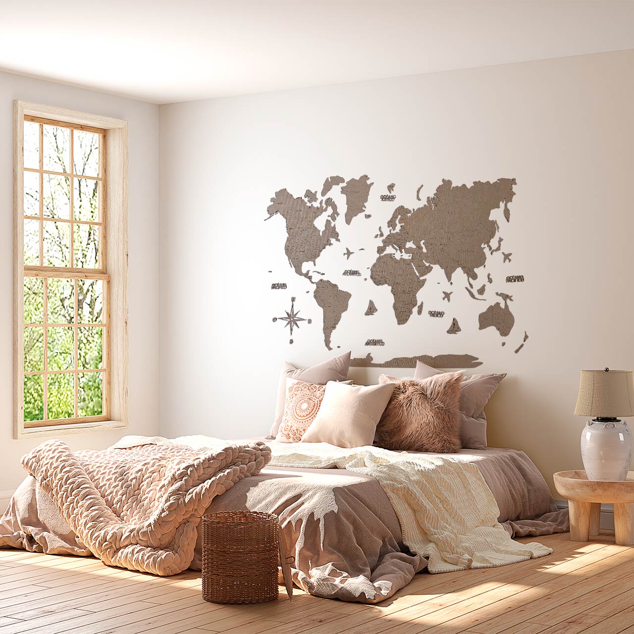 Mapamundi 2D de madera color gris (efecto textil)