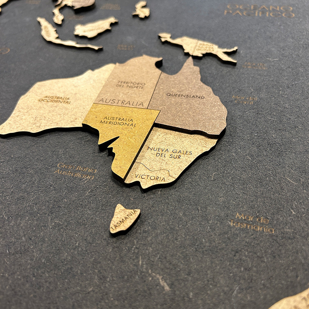 Panel negro mapamundi 3D multicolor de madera