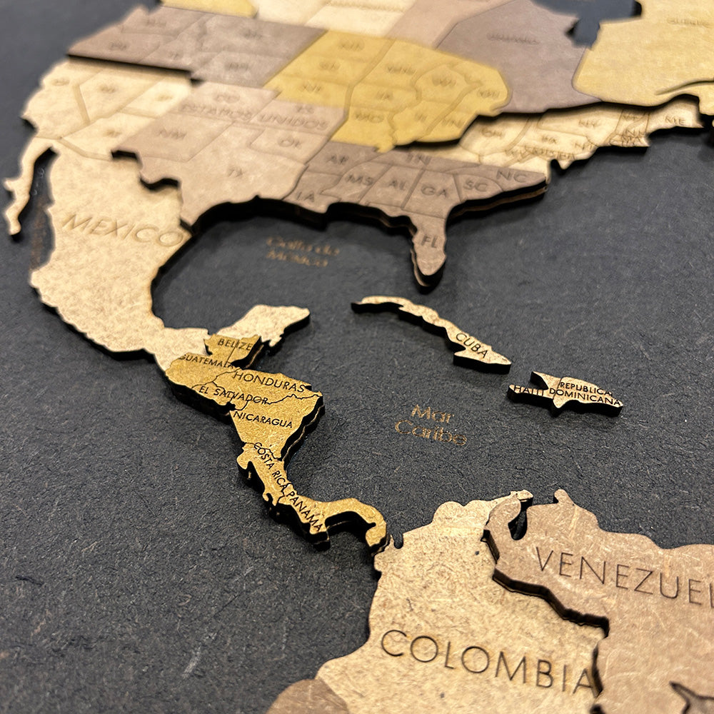 Panel negro mapamundi 3D multicolor de madera