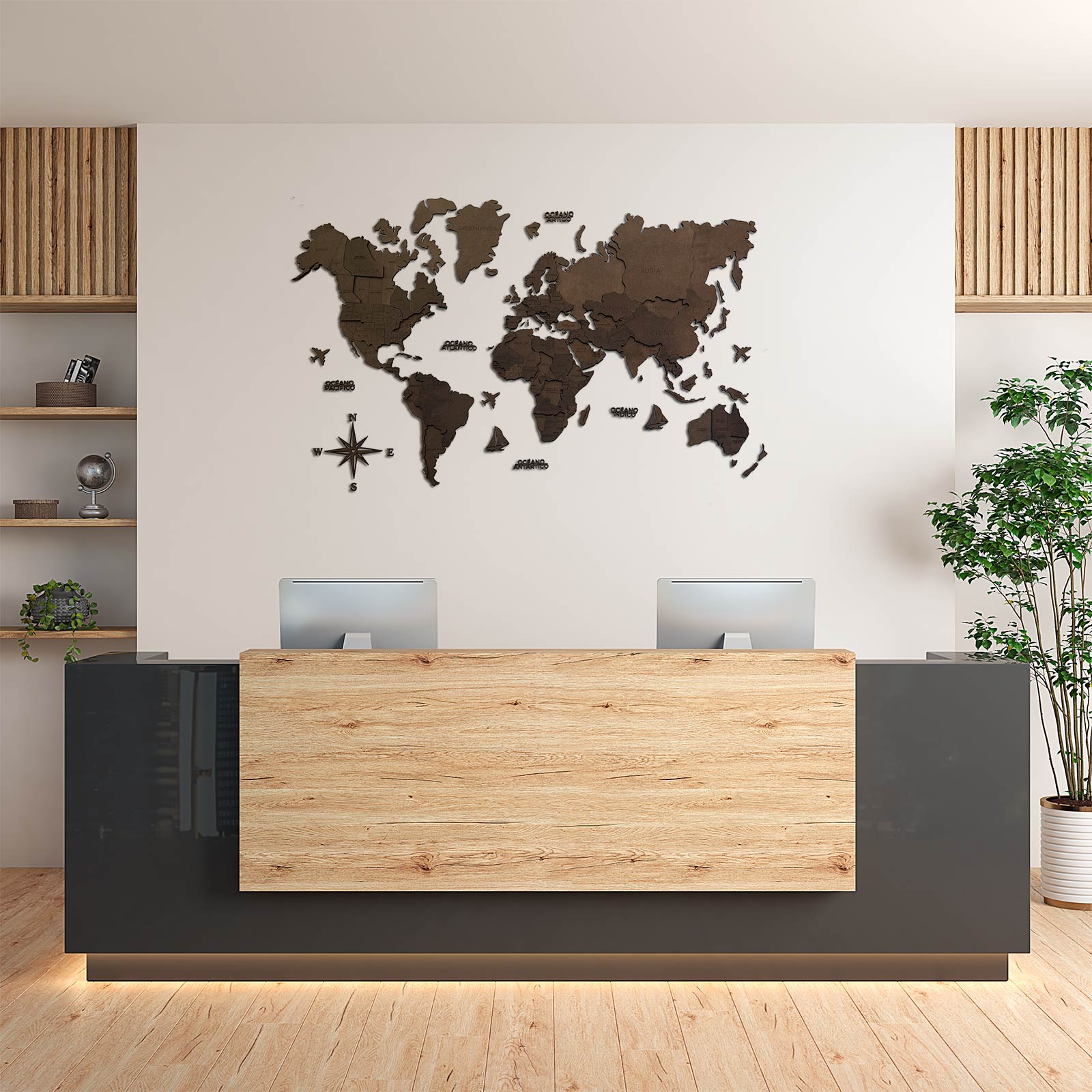 Mapa del mundo 3D de madera oscuro nogal – WeLoveMaps