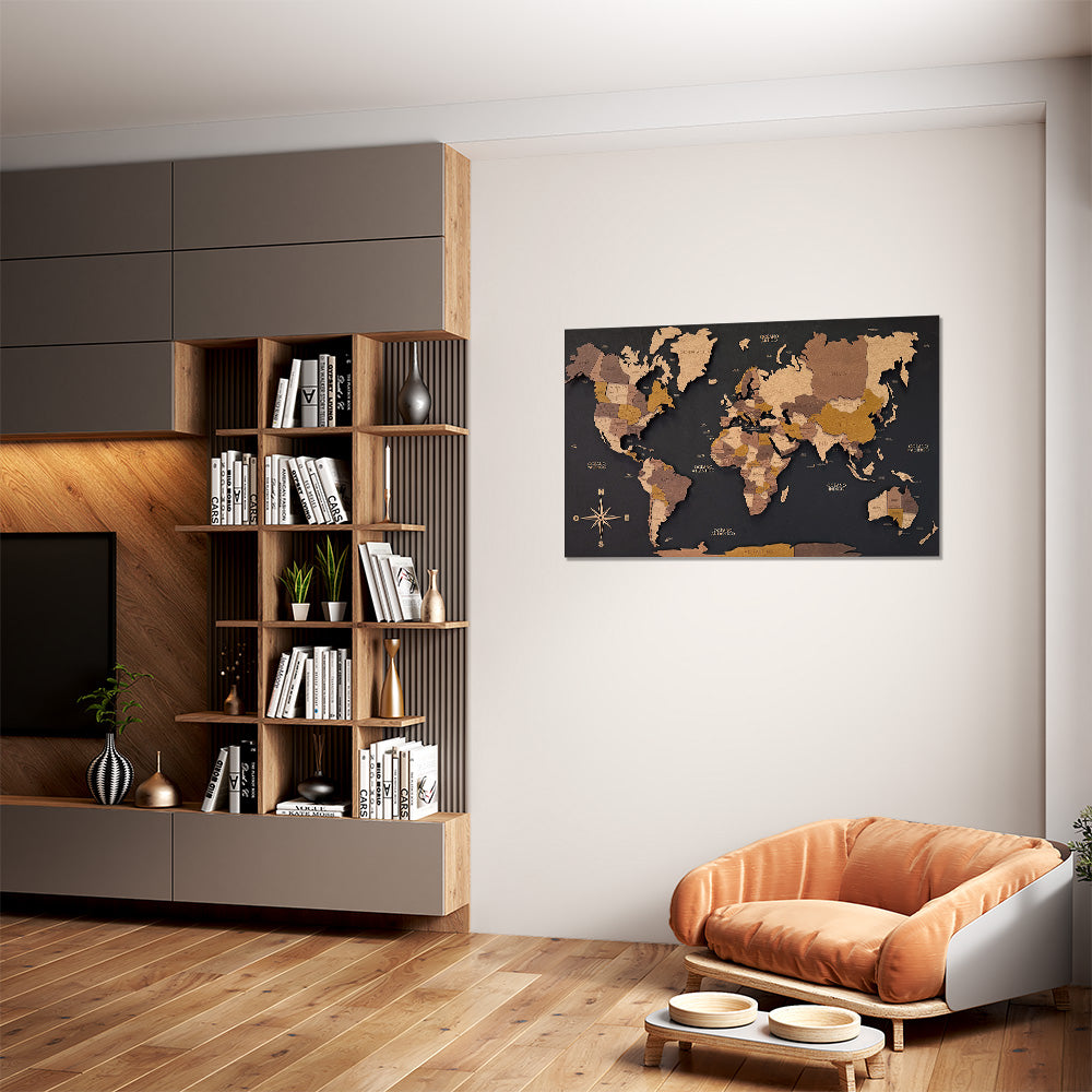 Panel negro mapamundi 3D multicolor de madera