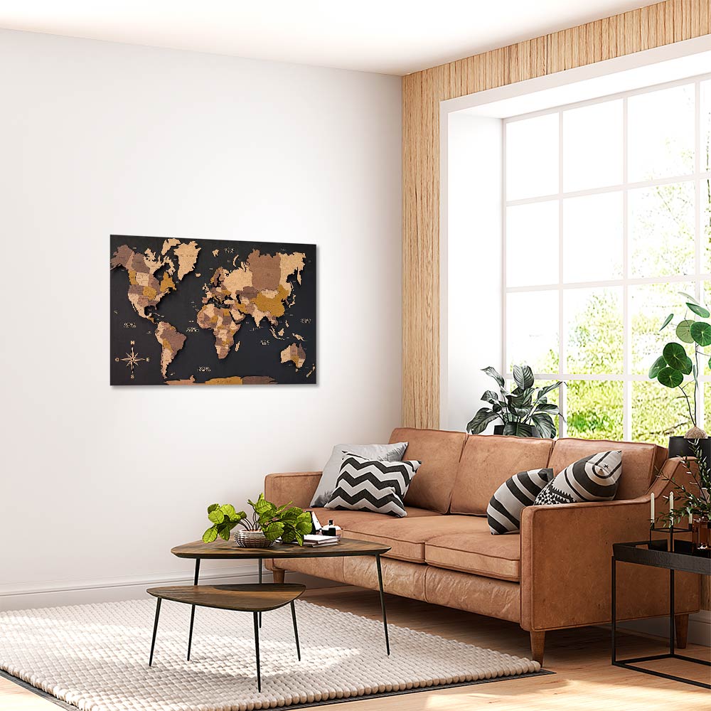 Panel negro mapamundi 3D multicolor de madera