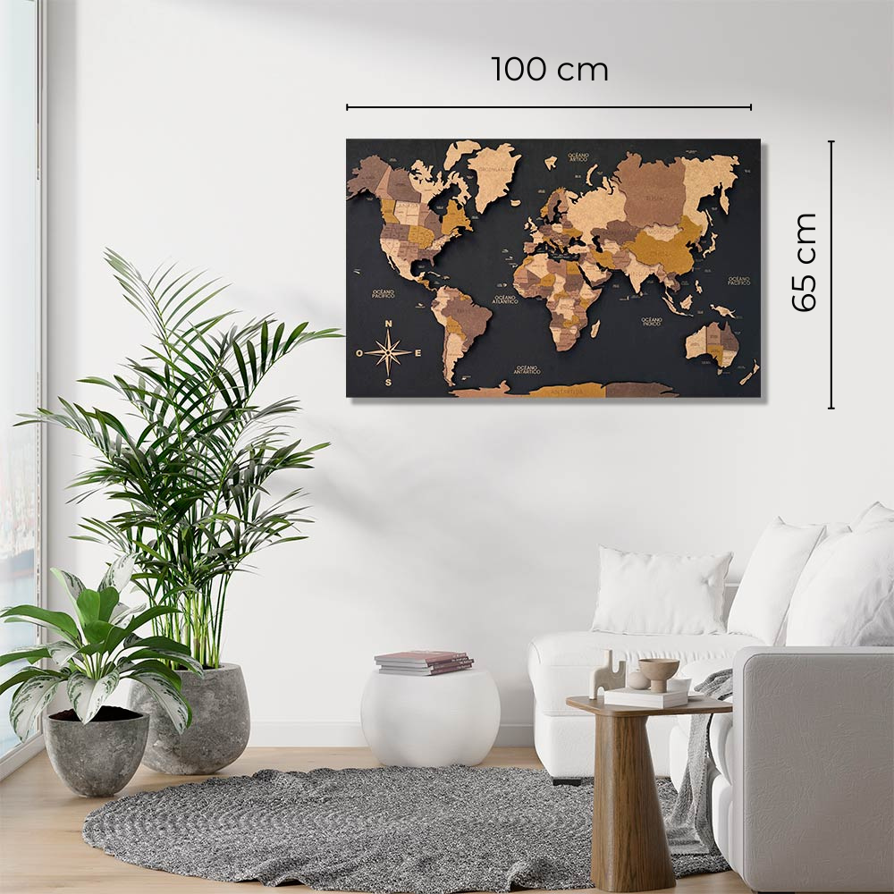 Panel negro mapamundi 3D multicolor de madera